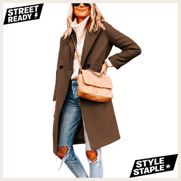 Jackets & Blazers - Wool Blend Double Breasted Pea Coat Notch Lapel Trench Coat Long Sleeve